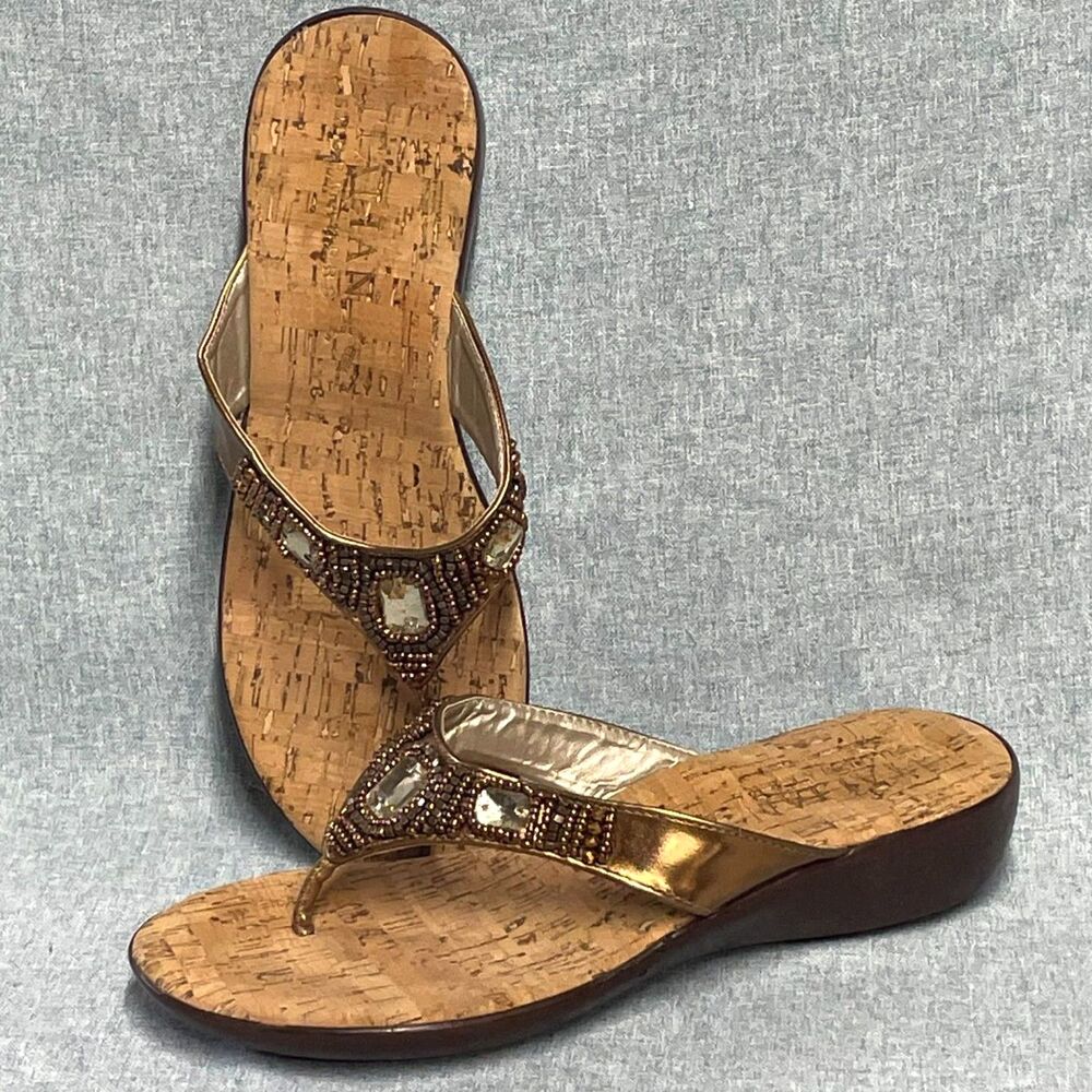 Italian Shoemakers Bronze Beaded Crystal Cork Wedge Thong Sandals Size 8
